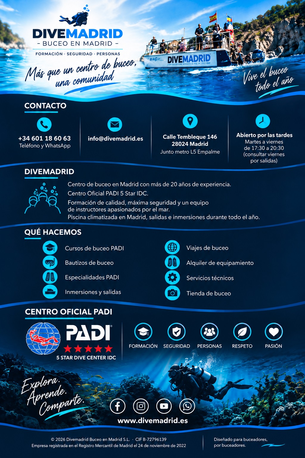 CENTRO DE BUCEO PADI EN MADRID - DIVEMADRID - CURSO OPEN WATER DIVER PADI - PIE DE PAGINA para moviles