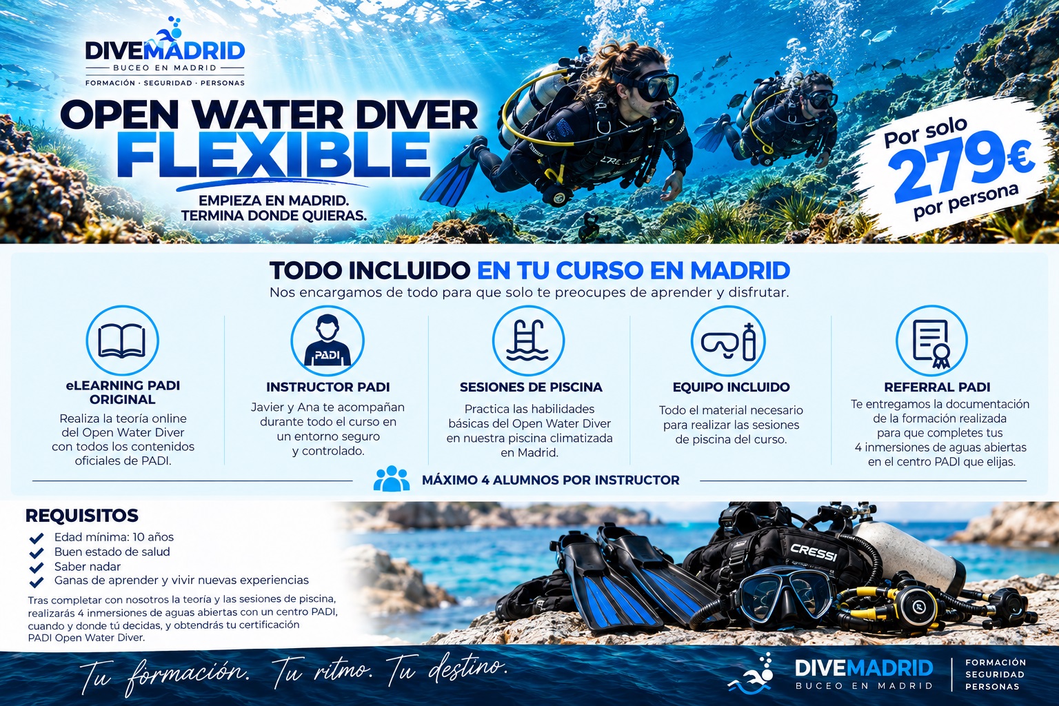 CURSO PADI OPEN WATER DIVER FLEXIBLE - DIVEMADRID